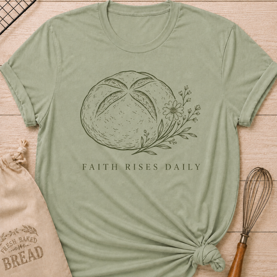 Sage green women's relaxed fit t-shirt with the words Faith Rises Daily above a scored loaf of bread and delicate wildflowers.