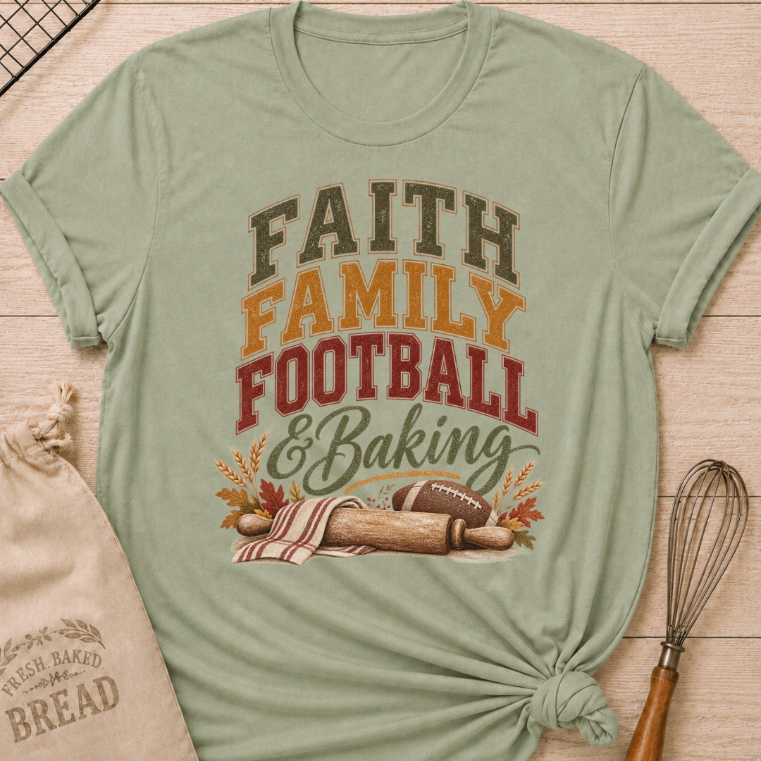 Sage women's relaxed fit tee with vintage collegiate Faith Family Football and Baking lettering above a rolling pin, football, wheat and autumn leaves in warm harvest tones