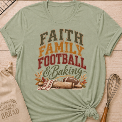 Sage women's relaxed fit tee with vintage collegiate Faith Family Football and Baking lettering above a rolling pin, football, wheat and autumn leaves in warm harvest tones