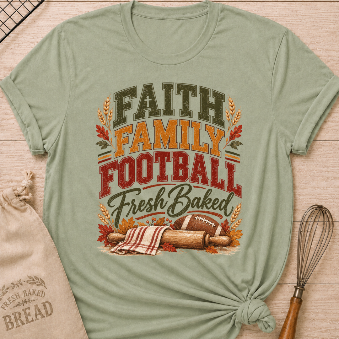 Sage women's relaxed fit tee with vintage collegiate Faith Family Football Fresh Baked lettering above wheat, autumn leaves, a rolling pin and a classic football