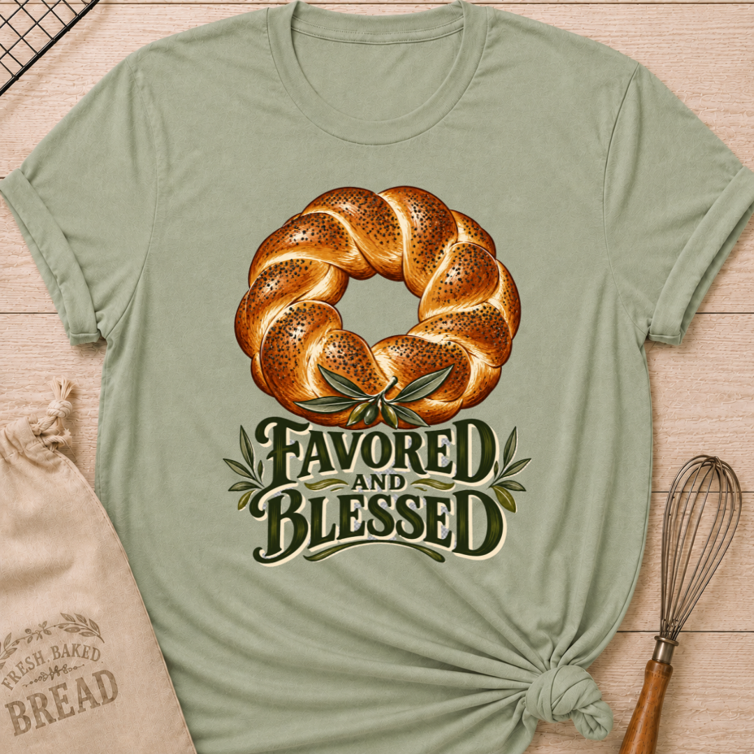 Sage women's relaxed fit tee with a braided loaf accented with olive branches and bold vintage Favored and Blessed lettering in deep earthy tones