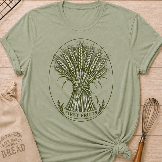 Sage women's relaxed fit tee with a detailed bundle of wheat tied by hand and framed in a classic vintage oval, with First Fruits lettering