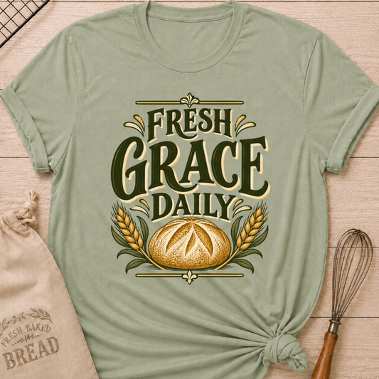 Sage women's relaxed fit tee with bold vintage Fresh Grace Daily lettering above a golden artisan loaf framed by wheat and leafy accents