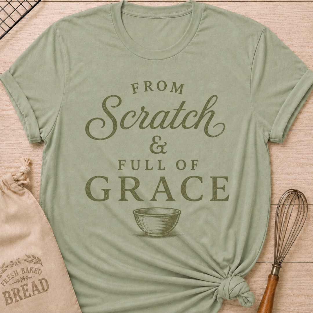 Sage From Scratch and Full of Grace women's relaxed fit tee with vintage sage lettering and a classic mixing bowl