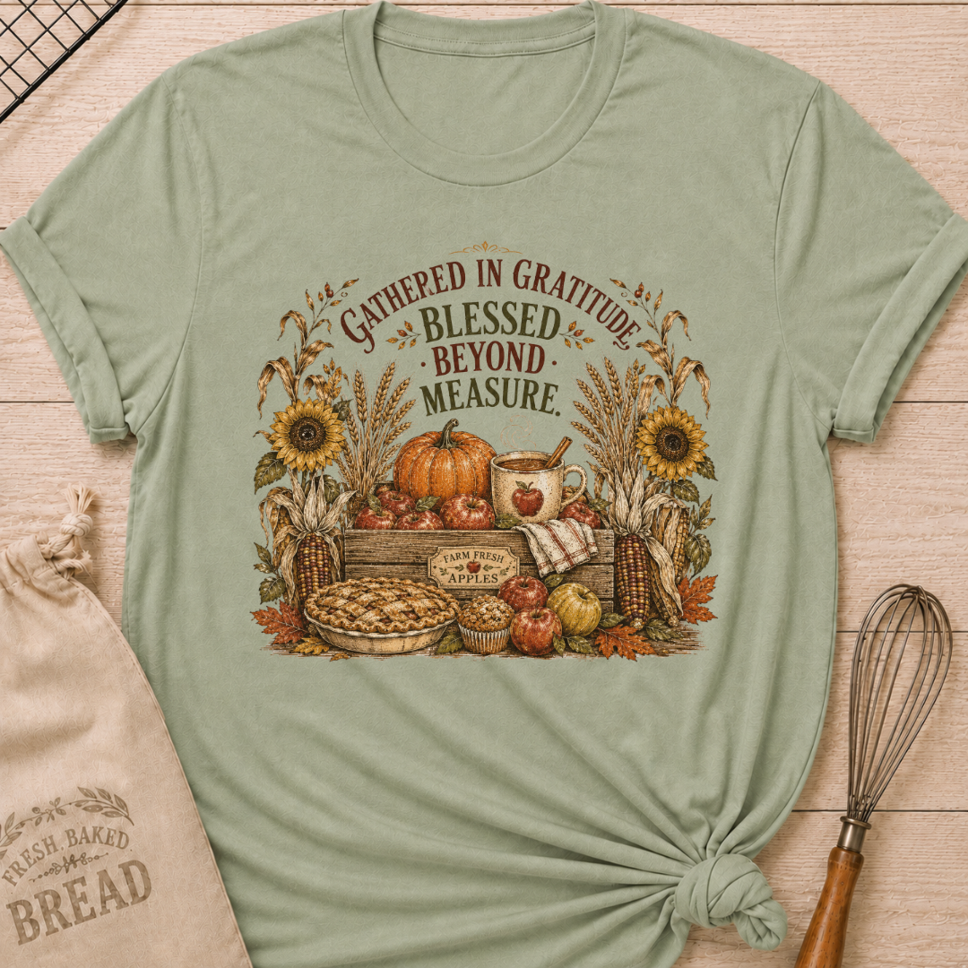 Sage women's relaxed fit tee with a vintage harvest scene of apples, pumpkins, wheat, corn, sunflowers and fresh-baked pie