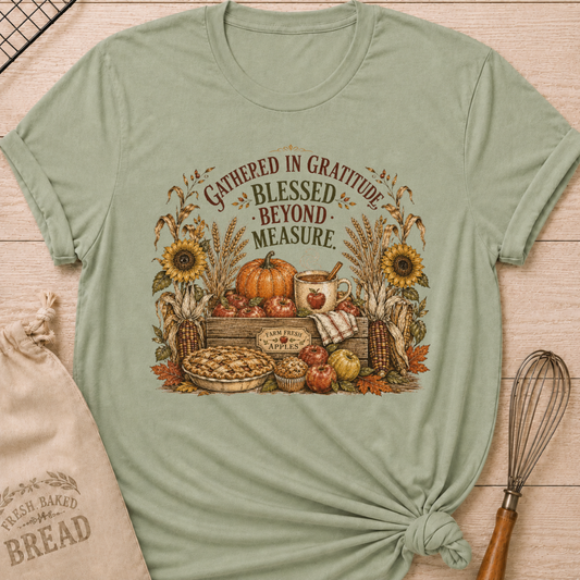 Sage women's relaxed fit tee with a vintage harvest scene of apples, pumpkins, wheat, corn, sunflowers and fresh-baked pie
