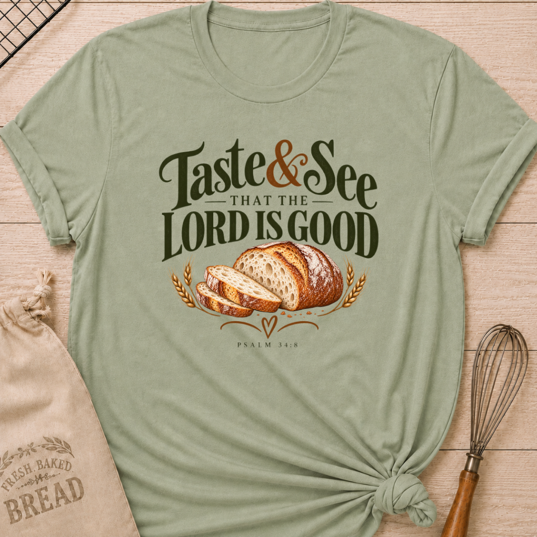 Sage women's relaxed fit tee with bold vintage Taste and See That the Lord Is Good lettering above a sliced artisan loaf, golden wheat, and Psalm 34:8