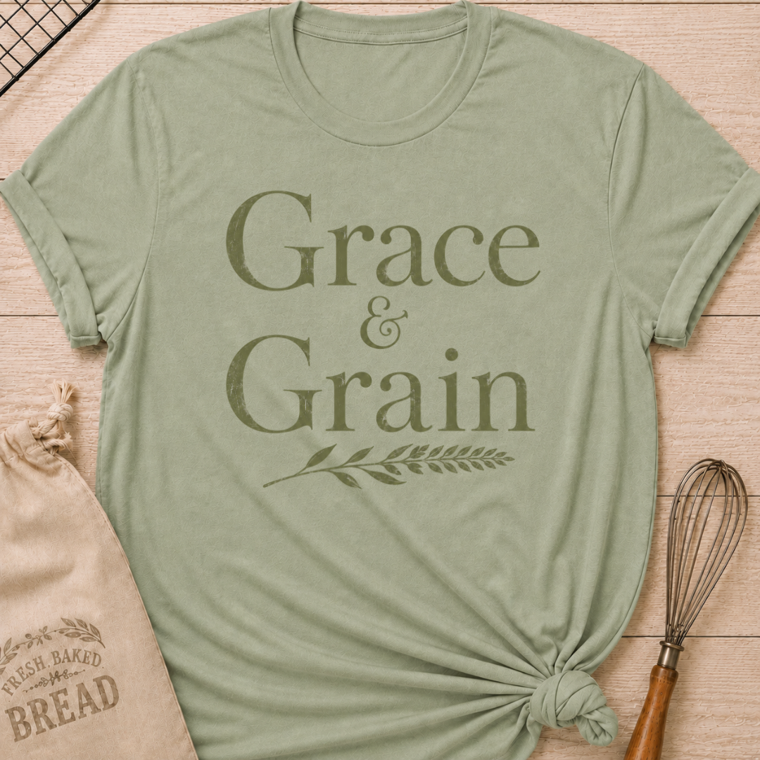 Sage green women's relaxed fit t-shirt with the words Grace and Grain in vintage lettering and a delicate wheat sprig.