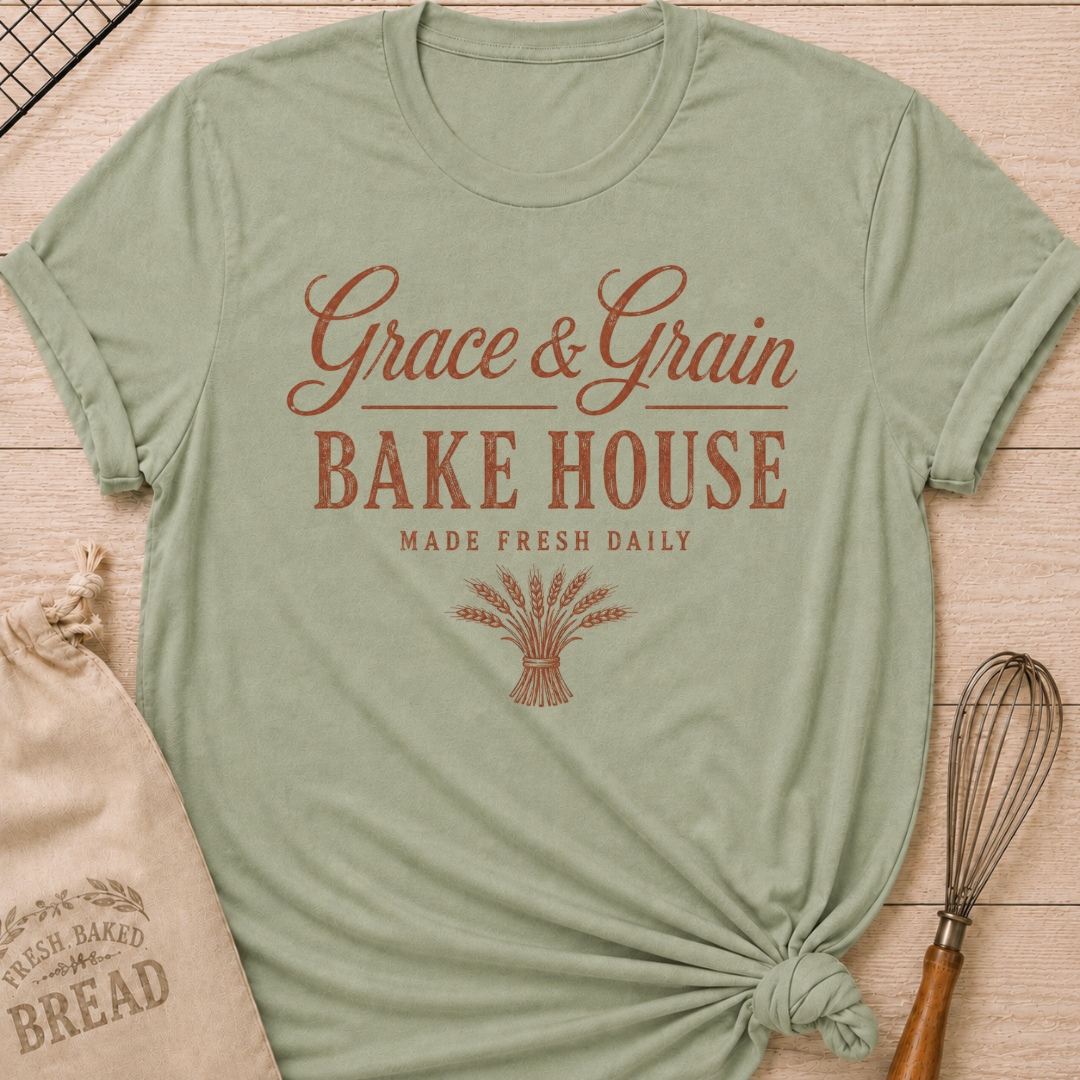 Sage Grace and Grain Bake House women's relaxed fit tee with vintage lettering and a bundle of wheat