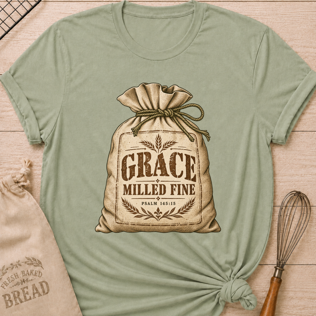 Sage women's relaxed fit tee with a vintage flour sack tied with rope, detailed with wheat motifs, Grace Milled Fine lettering and Psalm 145:15