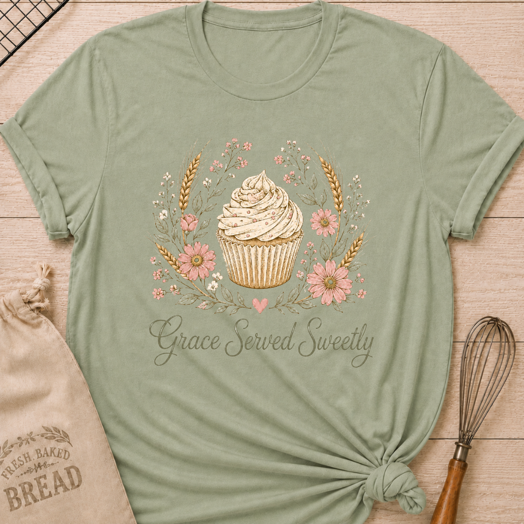 Sage green women's relaxed fit t-shirt with a frosted cupcake framed by soft pink flowers, wheat and greenery.