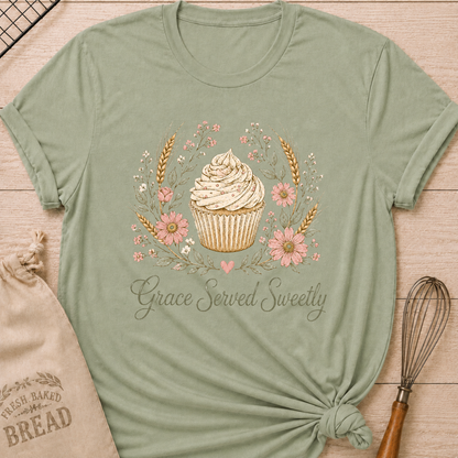 Sage green women's relaxed fit t-shirt with a frosted cupcake framed by soft pink flowers, wheat and greenery.