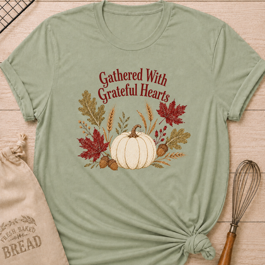 Sage women's relaxed fit tee with Gathered With Grateful Hearts lettering above a soft ivory pumpkin surrounded by wheat, acorns, berries and richly colored autumn leaves
