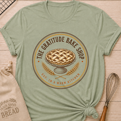 Sage women's relaxed fit tee with a vintage round bake shop emblem, lattice pie and golden wheat