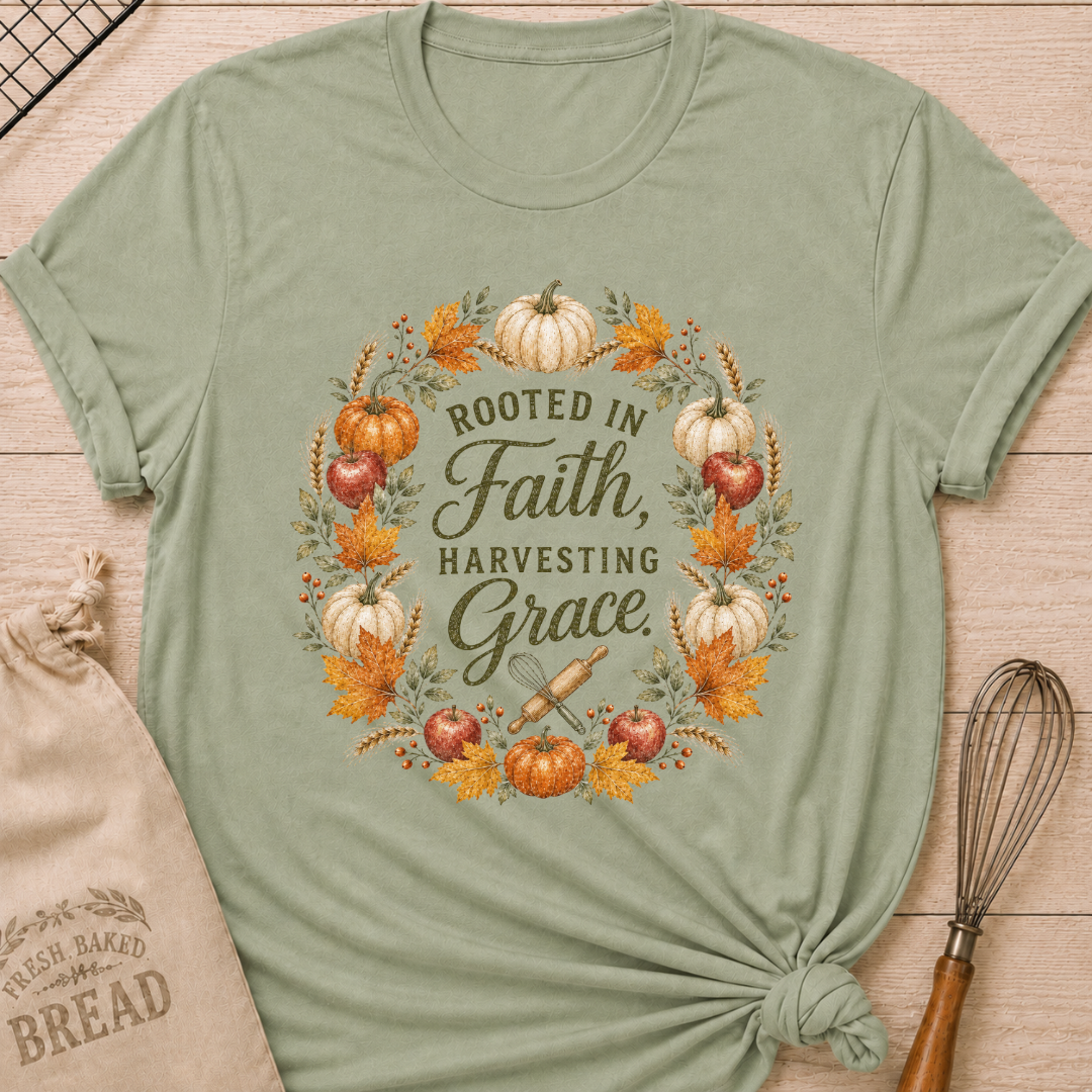 Sage women's relaxed fit tee with a Rooted in Faith Harvesting Grace wreath of pumpkins, apples, wheat and golden leaves