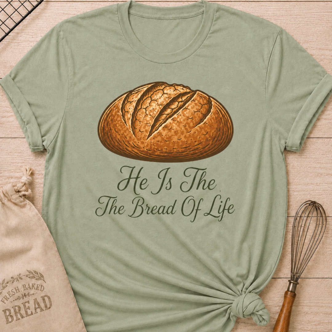 Sage green women's relaxed fit t-shirt with the words He Is the Bread of Life in graceful vintage lettering and an illustrated artisan loaf.