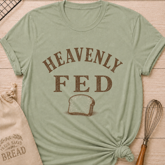 Sage Heavenly Fed women's relaxed fit tee with bold vintage lettering and a slice of homemade bread