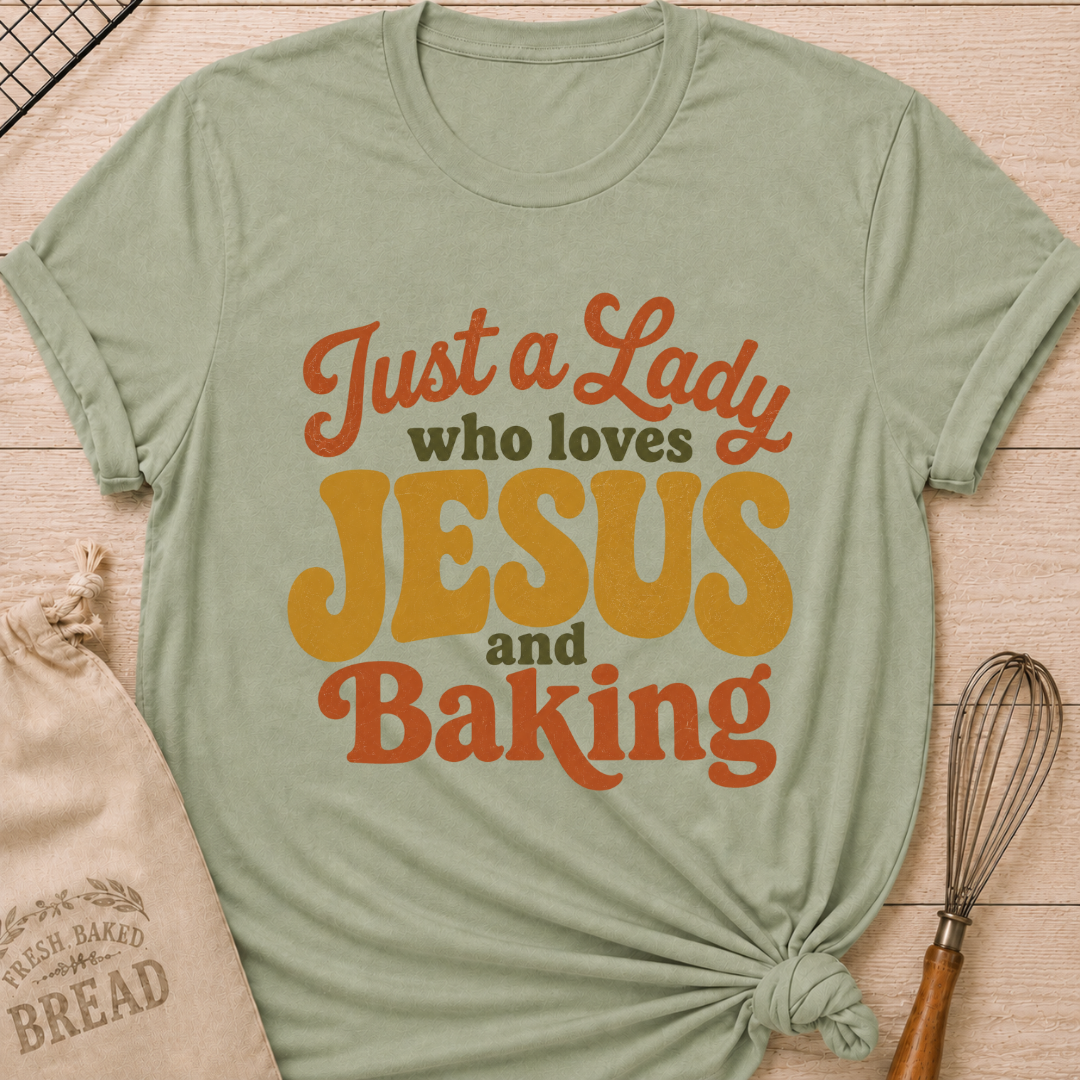 Sage Just A Lady Who Loves Jesus And Baking women's relaxed fit tee with playful retro typography in warm vintage colors