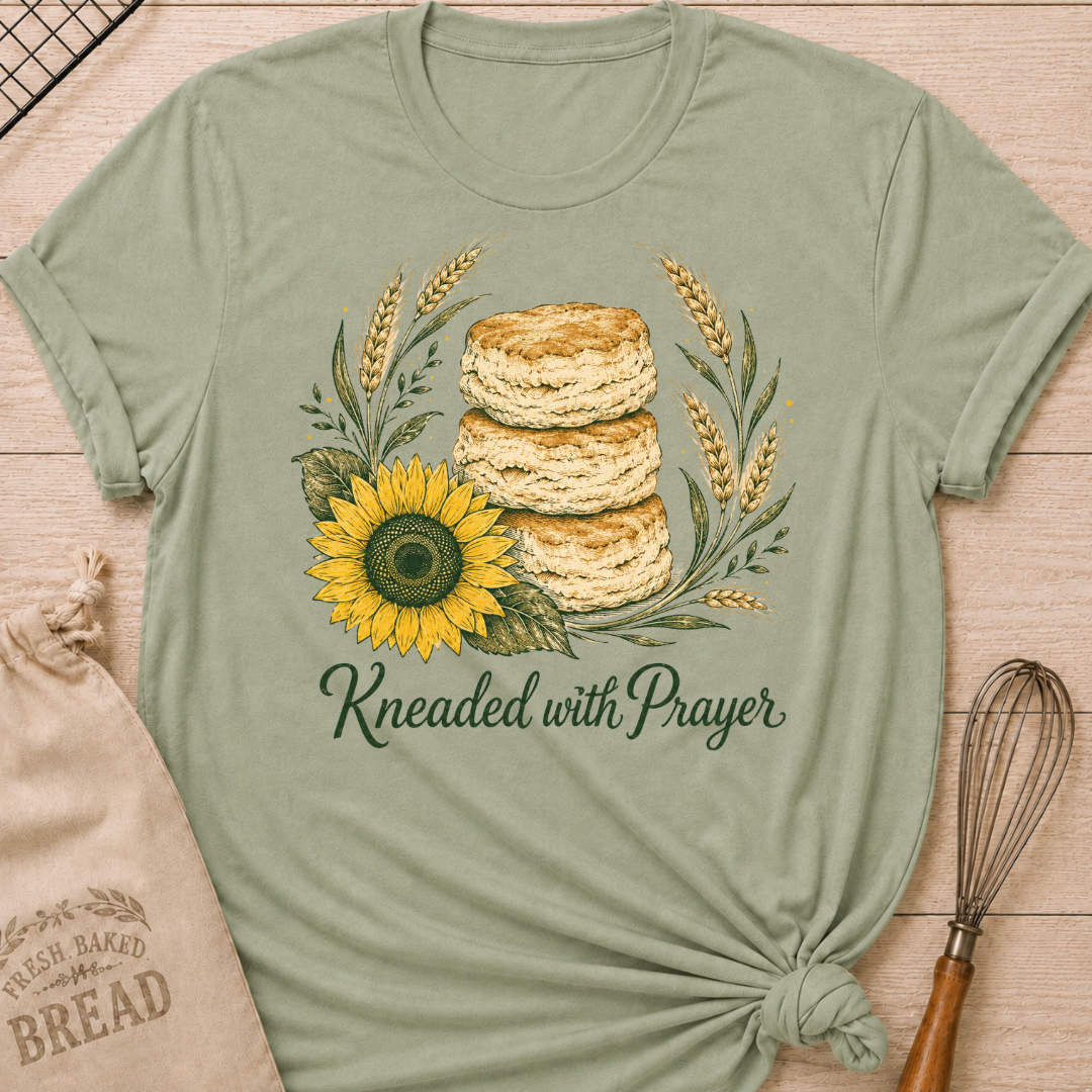 Sage Kneaded With Prayer women's relaxed fit tee with a stack of homemade biscuits, golden wheat, and a sunflower