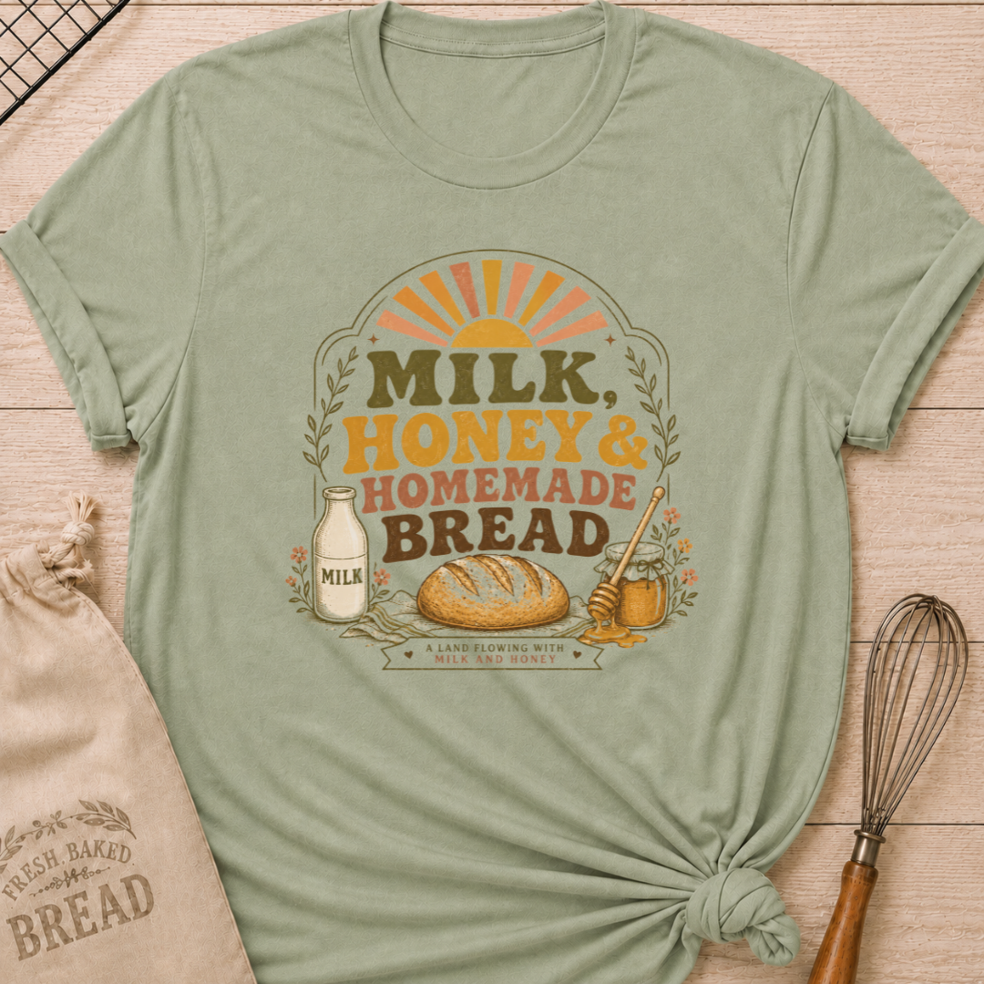 Sage green women's relaxed fit t-shirt with the words Milk, Honey & Homemade Bread in vintage lettering with a rustic loaf, an old-fashioned milk bottle, and a jar of honey beneath a retro sunrise.