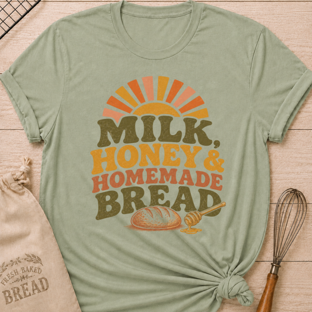 Sage Milk, Honey and Homemade Bread women's relaxed fit tee with vintage farm stand lettering, rising sun, artisan loaf, and honey dipper