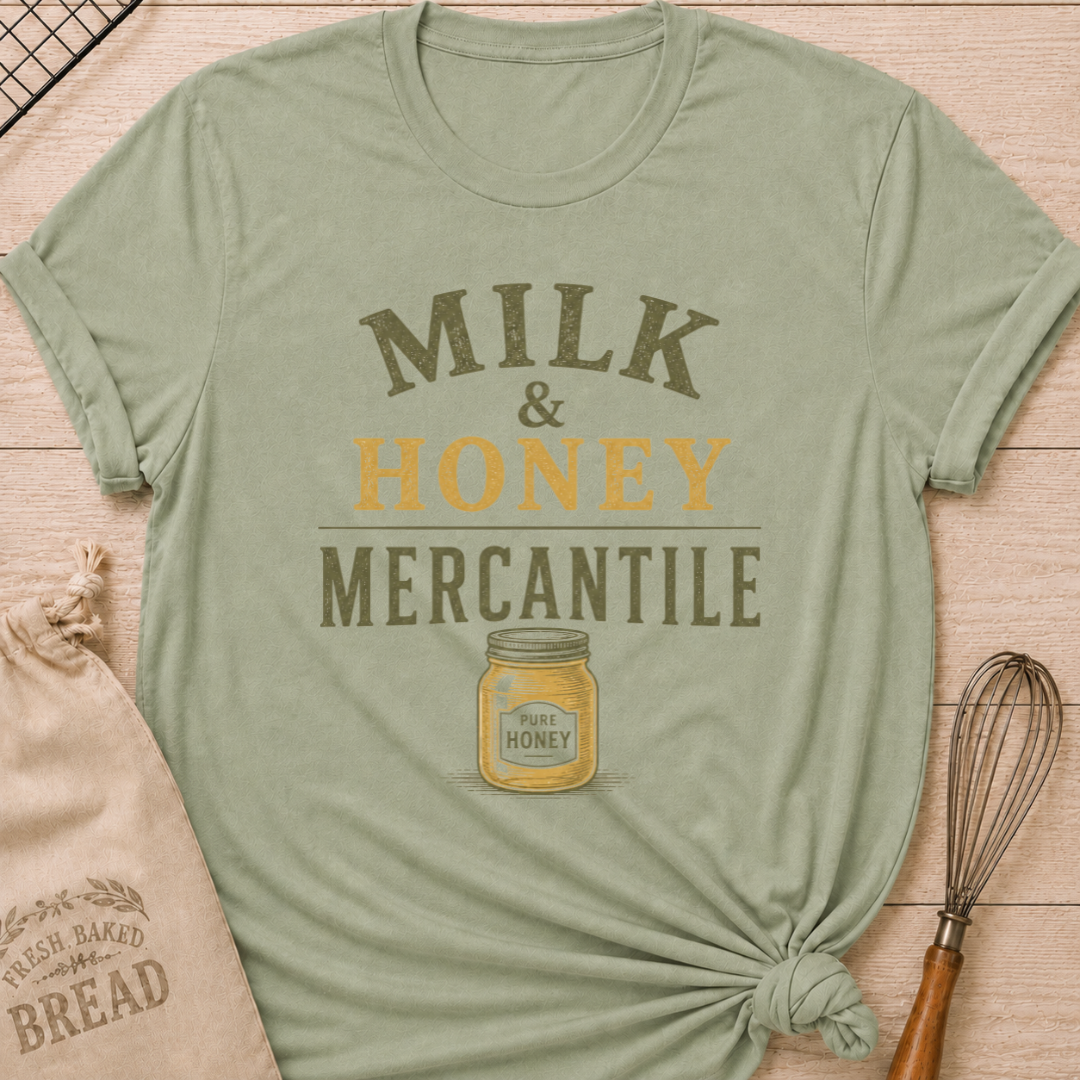 Sage Milk and Honey Mercantile women's relaxed fit tee with vintage lettering and a classic jar of pure honey