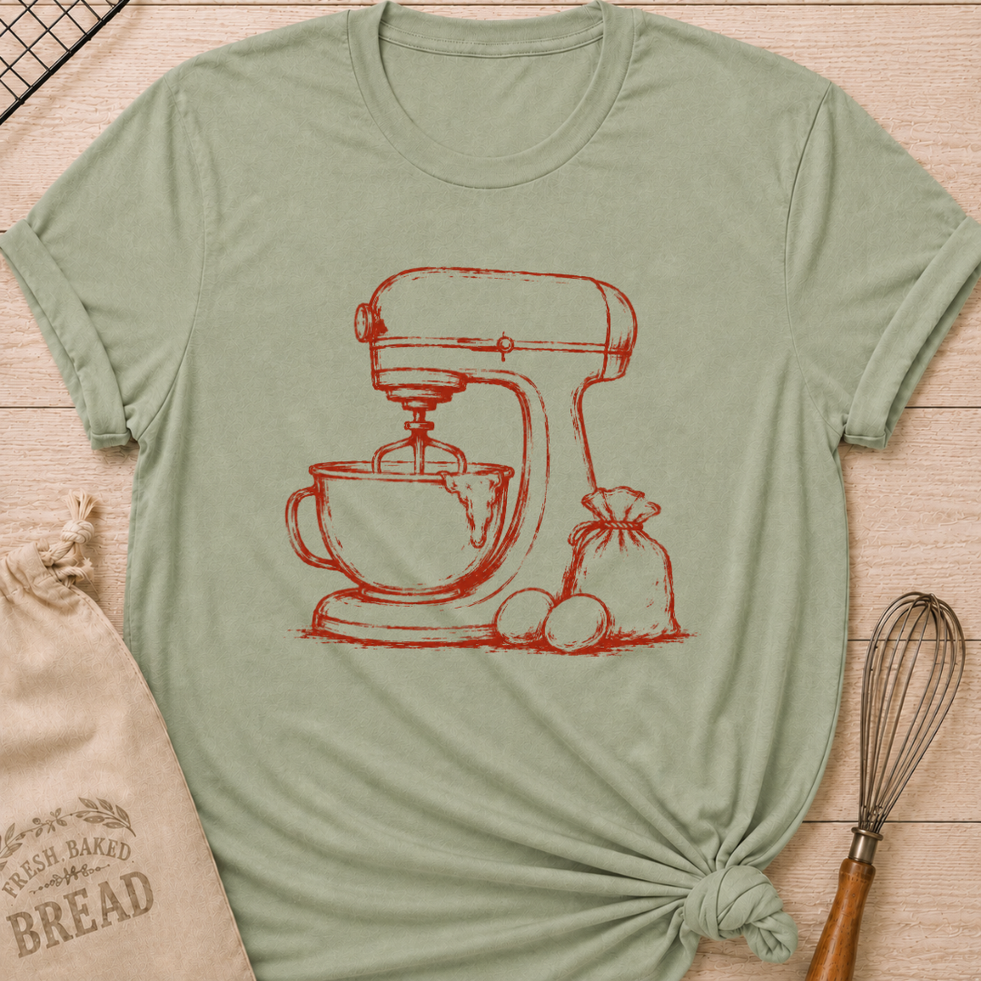 Sage green women's relaxed fit t-shirt with a vintage stand mixer, a flour sack and fresh eggs in a single color sketch.