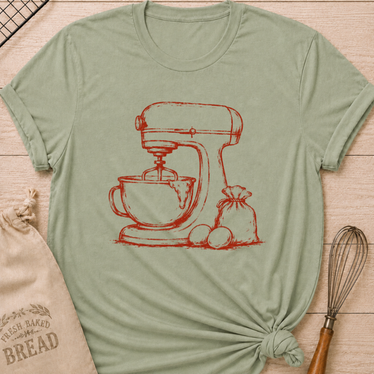 Sage green women's relaxed fit t-shirt with a vintage stand mixer, a flour sack and fresh eggs in a single color sketch.