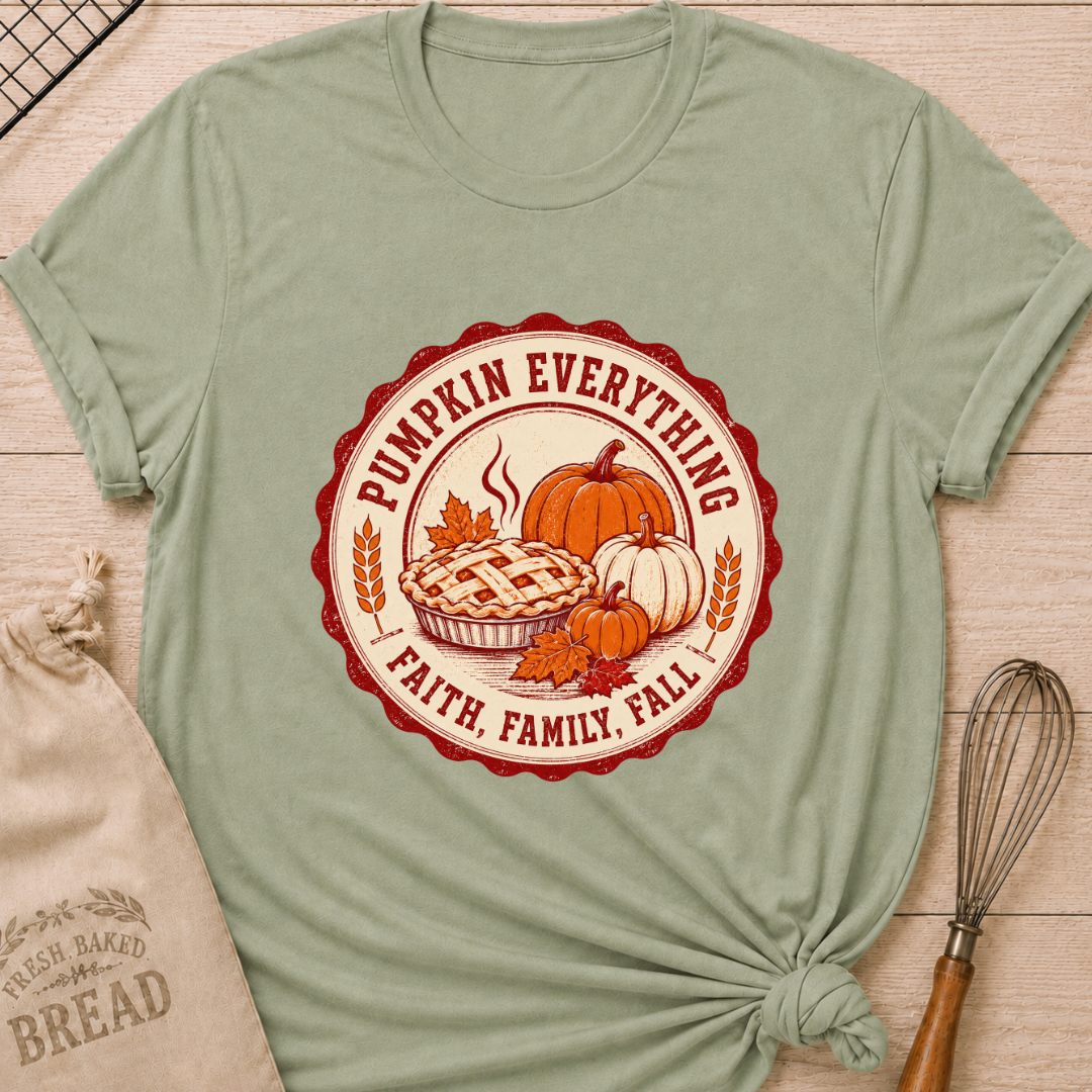 Sage women's relaxed fit tee with a steaming lattice pie surrounded by pumpkins, autumn leaves and wheat in a vintage harvest badge, with Pumpkin Everything and Faith, Family, Fall lettering