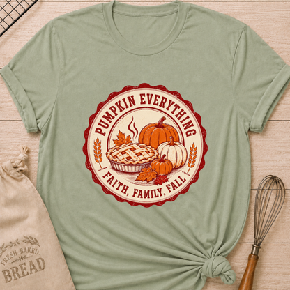 Sage women's relaxed fit tee with a steaming lattice pie surrounded by pumpkins, autumn leaves and wheat in a vintage harvest badge, with Pumpkin Everything and Faith, Family, Fall lettering