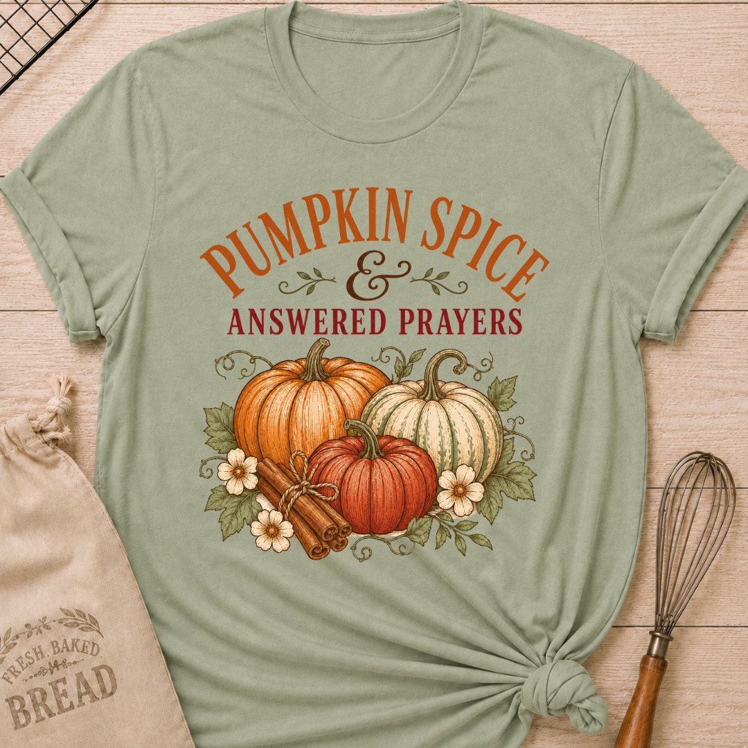 Sage women's relaxed fit tee with vintage Pumpkins and Prayers lettering, a pumpkin arrangement, cinnamon sticks, florals and trailing vines