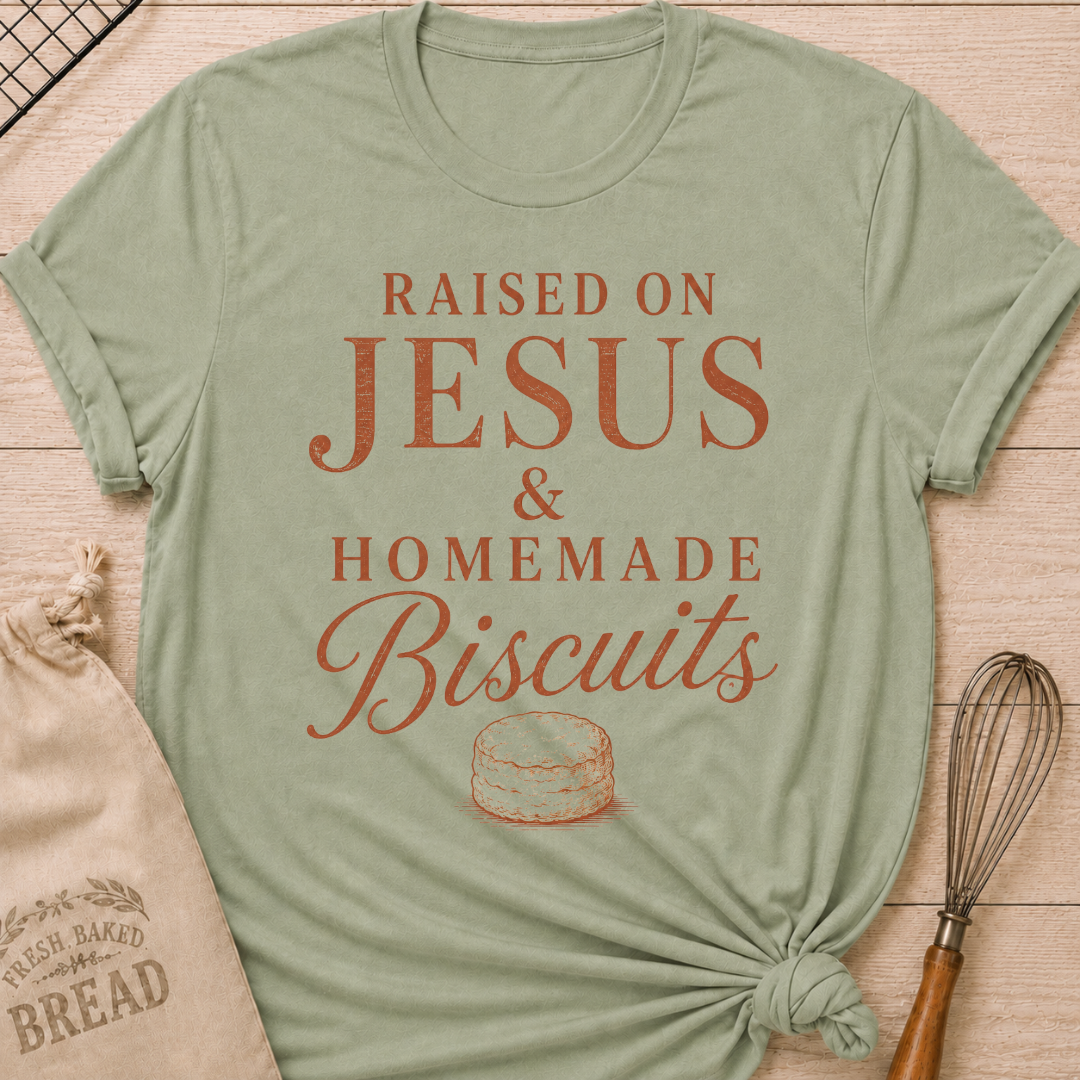Sage Raised On Jesus and Homemade Biscuits women's relaxed fit tee with warm vintage typography and a classic biscuit