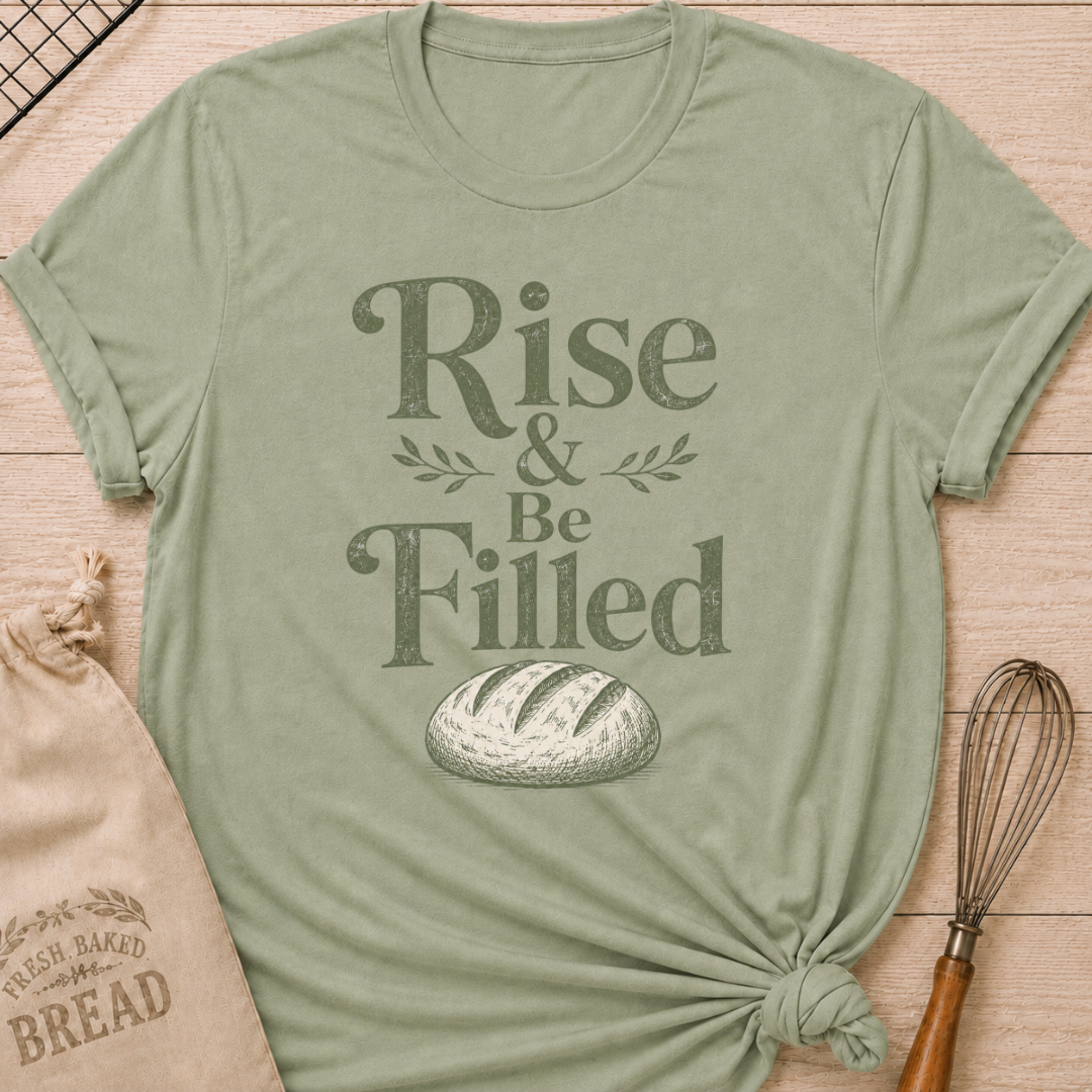 Sage green women's relaxed fit t-shirt with the words Rise and Be Filled in vintage lettering above a rustic loaf of bread and leafy accents.