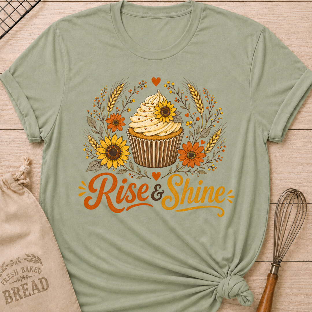 A sage green short-sleeve t-shirt with a 'Rise & Shine' cupcake graphic, styled flat-lay on a light wood background with a drawstring bag and whisk. graphic t-shirt styled with a knotted hem, laid flat on a light wood background with a drawstring bread bag and a whisk. The shirt features a warm, vintage-inspired illustration of a frosted cupcake surrounded by sunflowers, orange daisy-like flowers, wheat stalks, berry sprigs, and heart accents, with the words "Rise & Shine" written below in bold retro script
