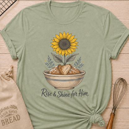 Sage Rise and Shine For Him women's relaxed fit tee with a rustic loaf of bread, a bold sunflower, and vintage farmhouse details