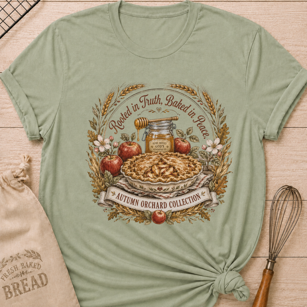 Sage women's relaxed fit tee with Rooted in Truth, Baked in Peace lettering over a rustic apple pie, fresh apples, golden wheat, autumn leaves and a jar of honey in a vintage harvest composition