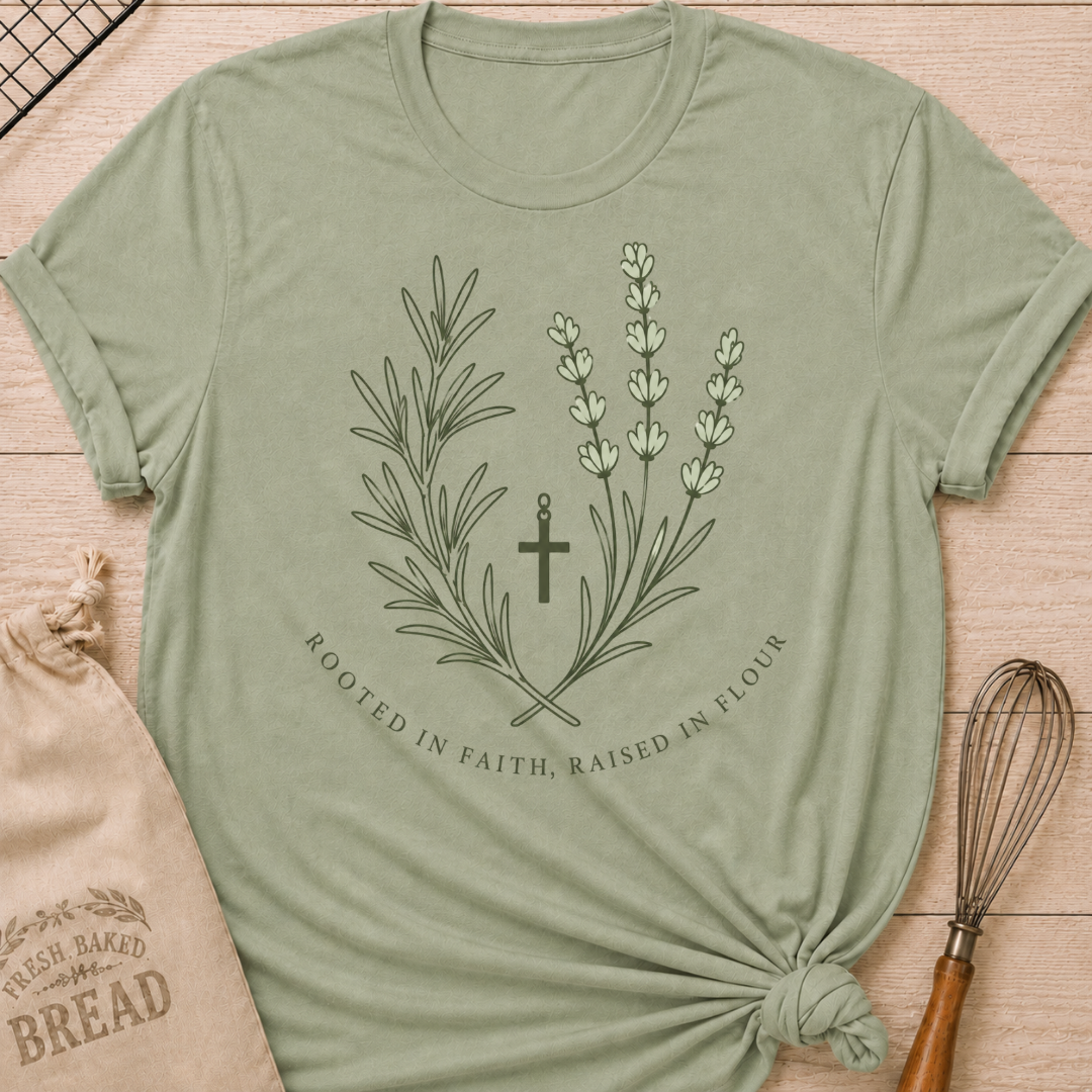 Sage green women's relaxed fit t-shirt with rosemary, lavender and a simple cross and the words Rooted in Faith, Raised in Flour.