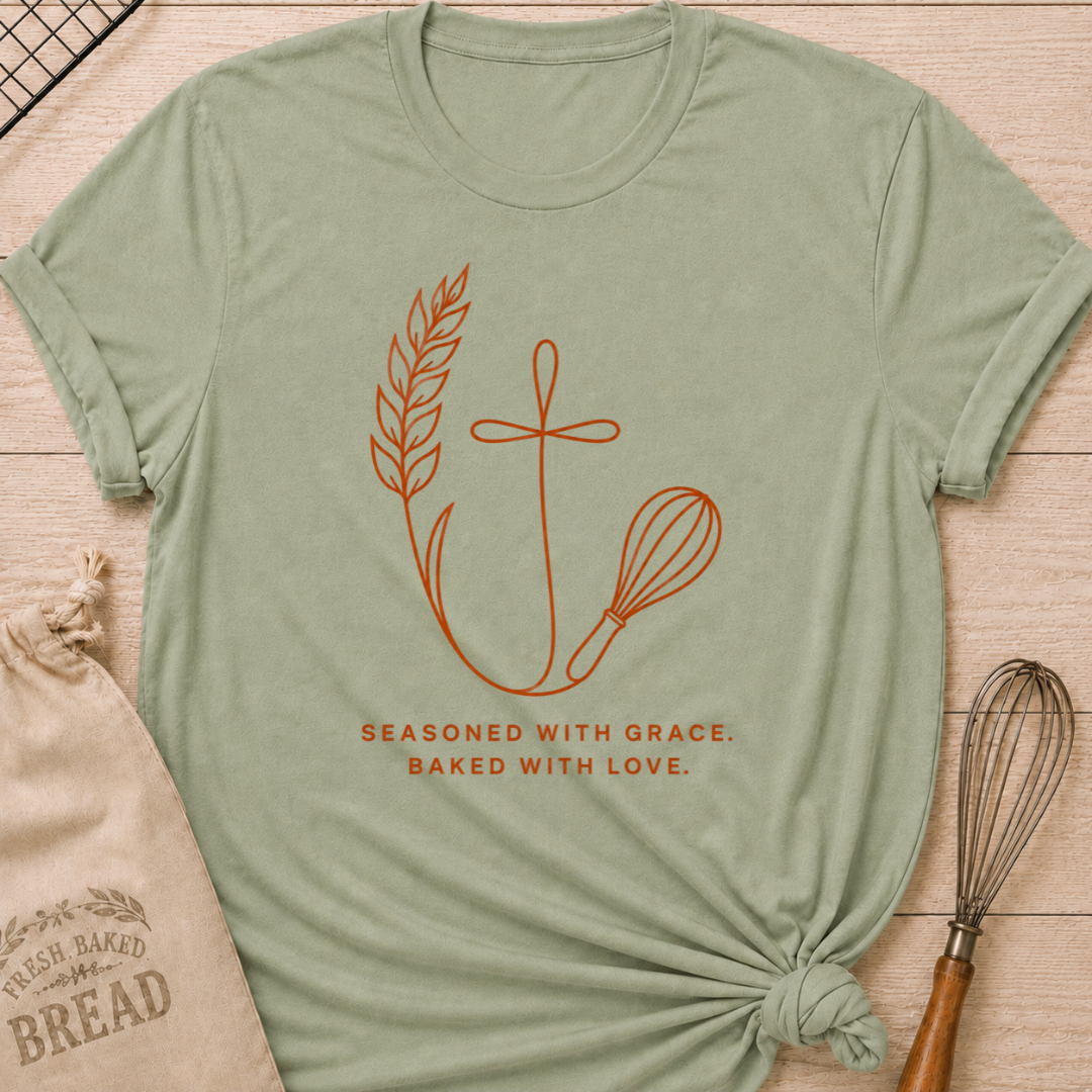 Sage green women's relaxed fit t-shirt with the words Seasoned With Grace, Baked With Love in clean line art with wheat, a subtle cross, and a classic whisk.