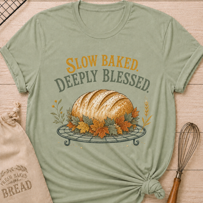 Sage women's relaxed fit tee with Slow Baked Deeply Blessed lettering over a golden artisan loaf resting on a vintage cooling rack, surrounded by richly colored fall leaves and wheat