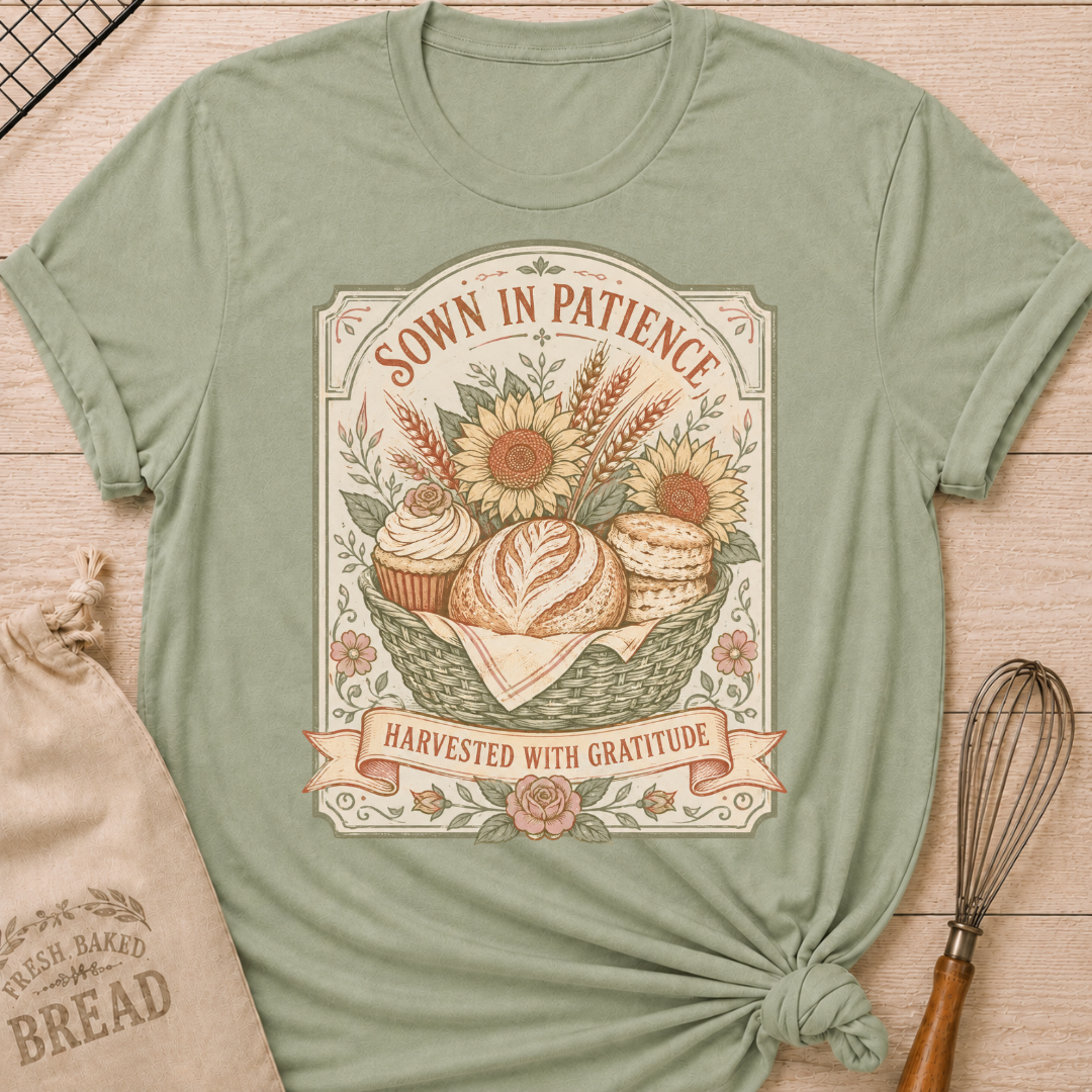 Sage Sown In Patience, Harvested In Gratitude women's relaxed fit tee with a vintage basket of bread, biscuits, cupcakes, sunflowers, and wheat