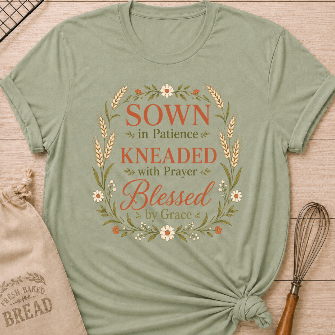 Sage green women's relaxed fit t-shirt with the words Sown in Patience, Kneaded with Prayer, Blessed by Grace framed in wheat, daisies and delicate greenery.