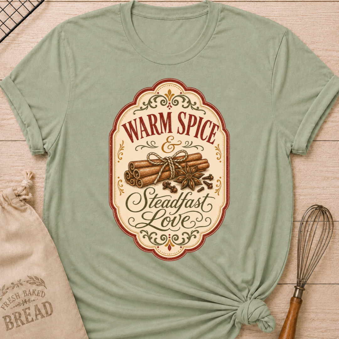 Sage women's relaxed fit tee with vintage label styling, cinnamon sticks, star anise and cloves in autumn tones