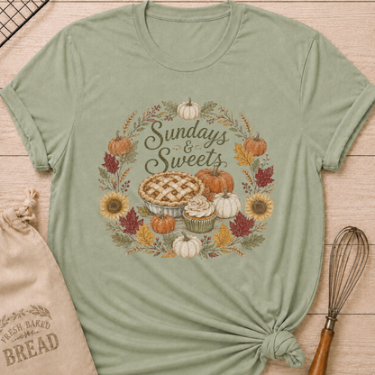 Sage women's relaxed fit tee with Sundays and Sweets lettering in a vintage harvest wreath of pumpkins, sunflowers, wheat and colorful fall leaves around a lattice pie and frosted cupcake