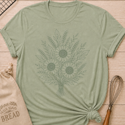 A sage green graphic t-shirt styled with a knotted hem, laid flat on a light wood background with a drawstring bread bag and a whisk. The shirt features a detailed botanical line art illustration of three sunflowers bundled together with wheat stalks and leafy foliage, tied at the base with twine, all rendered in soft sage green.
