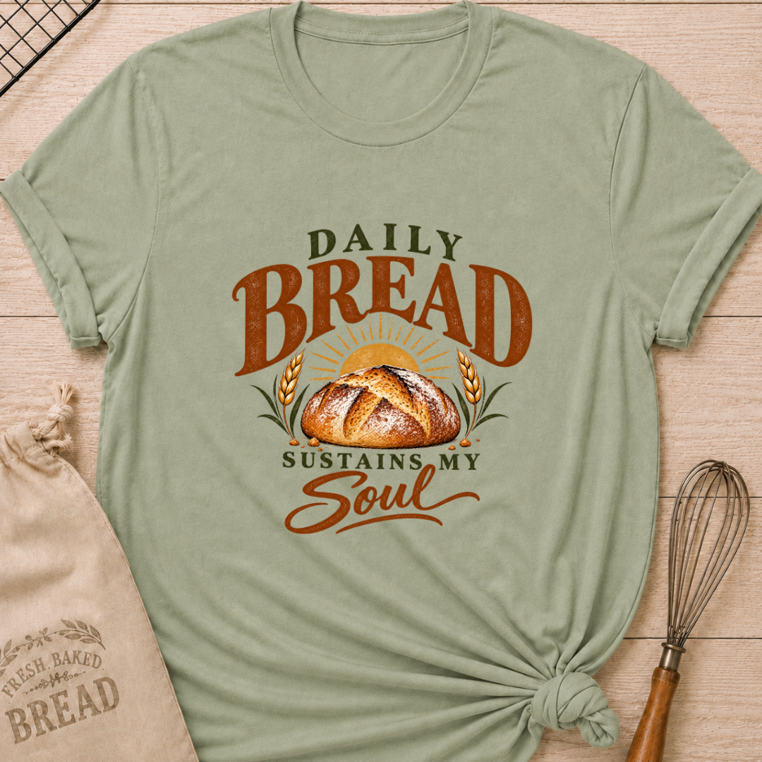 Sage women's relaxed fit tee with Daily Bread Sustains My Soul lettering around a golden artisan loaf beneath a rising sun, framed by wheat in rich earthy tones
