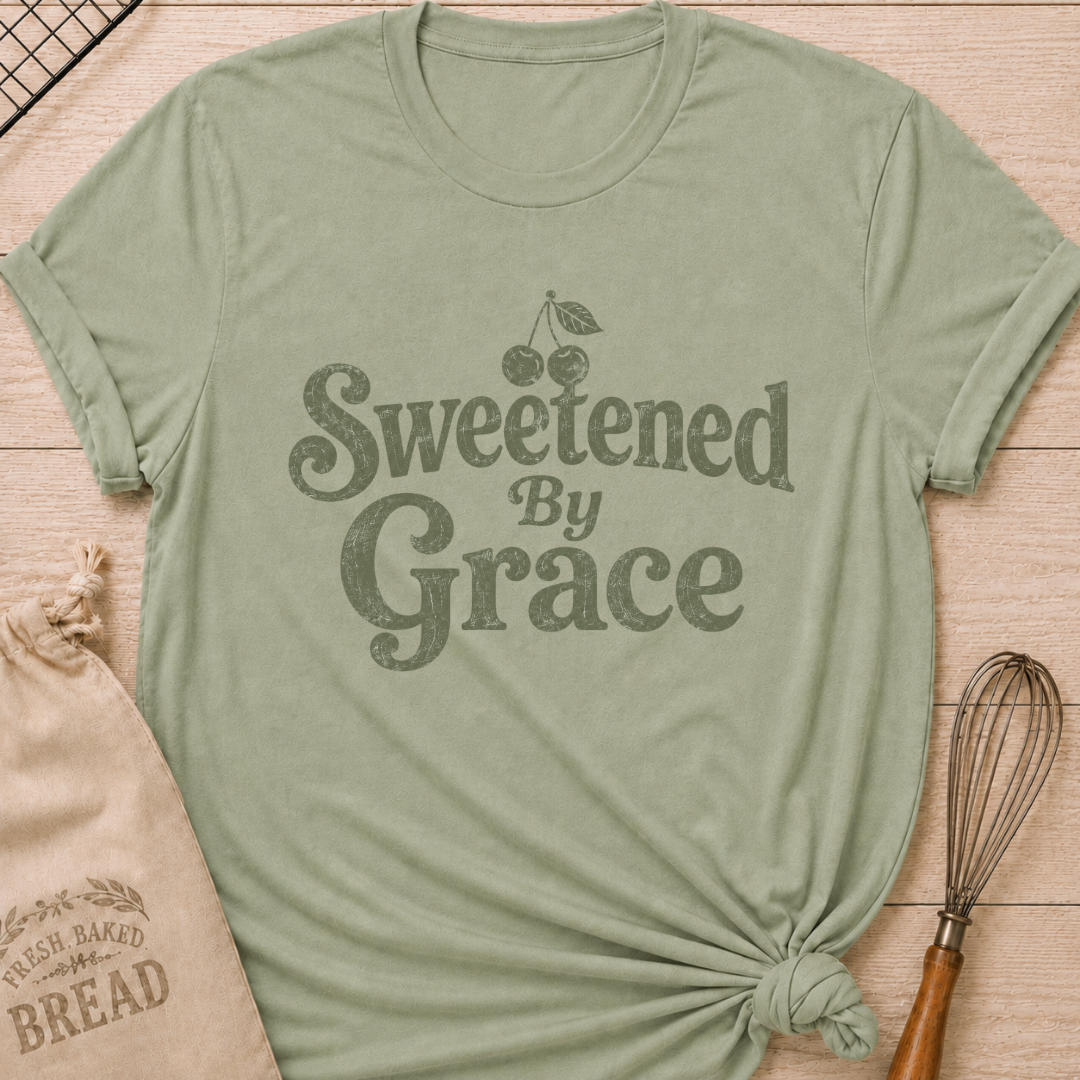 Sage green women's relaxed fit t-shirt with the words Sweetened by Grace in playful vintage lettering and a cherry.