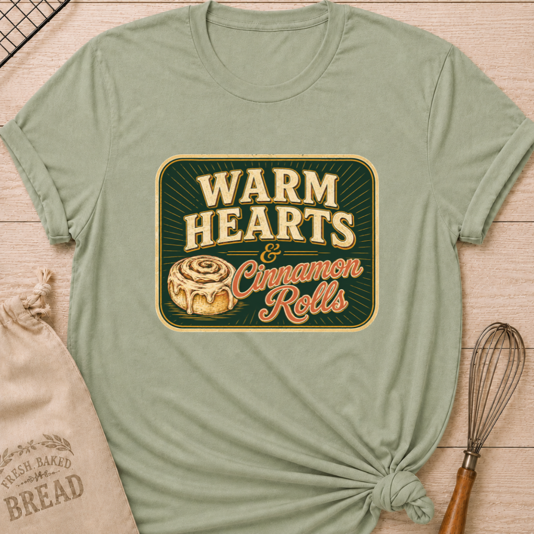 Sage green women's relaxed fit t-shirt with the words Warm Hearts & Cinnamon Rolls in bold vintage lettering with a gooey iced cinnamon roll in a retro sign style.