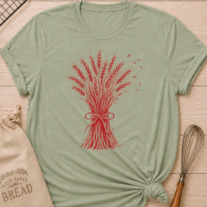 Sage women's relaxed fit tee with a hand-tied sheaf of wheat in a warm vintage red, with delicate grain details and a softly distressed finish