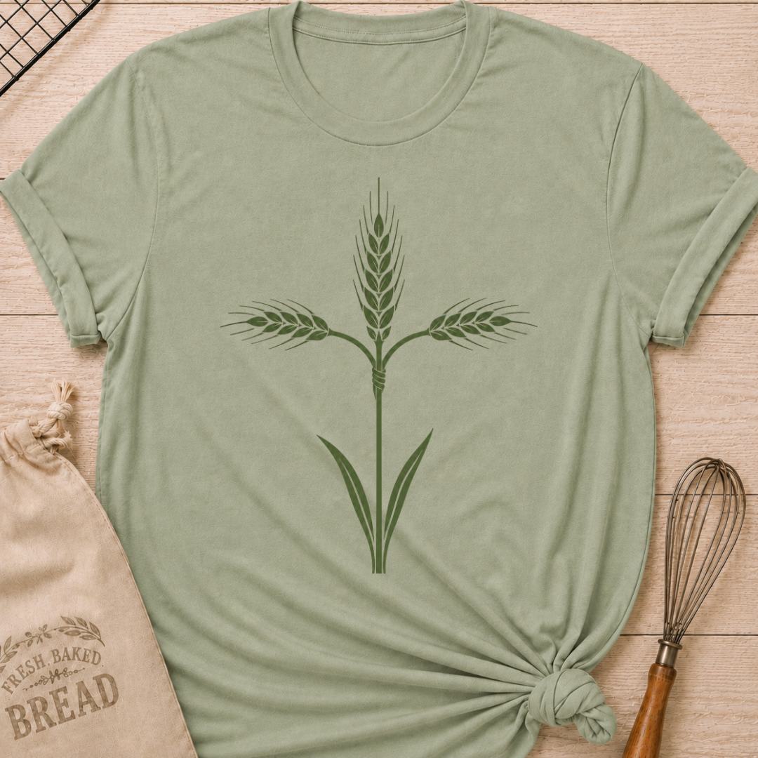 Sage green women's relaxed fit t-shirt with a graceful cross formed from tied stalks of wheat.