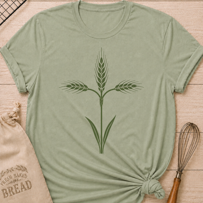 Sage green women's relaxed fit t-shirt with a graceful cross formed from tied stalks of wheat.